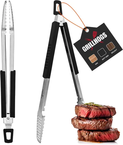 Miniatura 8 de Pinzas para barbacoa de acero inoxidable 18/0 de 9 pulgadas con mango ergonómico de madera de roble real para cocinar, accesorio duradero