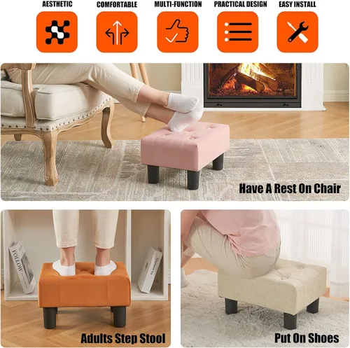 Miniatura 6 de BRIAN & DANY Taburete pequeño para pies, taburetes de lino con patas, reposapiés pequeño estable para sala de estar, beige