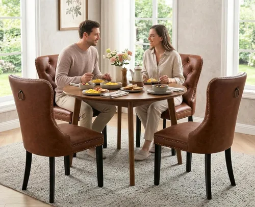 Miniatura 4 de Shunzhi Juego de 2 sillas de comedor de cuero beige, modernas de mediados de siglo, sillas de cocina tapizadas con capitoné, sillas auxiliares