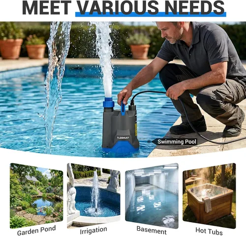 Miniatura 4 de Bomba de agua sumergible, 1/3 HP 2450GPH Bomba de agua termoplástica eléctrica portátil de transferencia para piscina, sótano, inundación, jardín