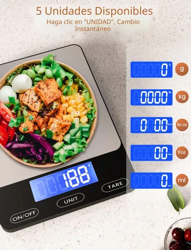 Miniatura 2 de Báscula de alimentos - Báscula de cocina digital de 33 libras para gramos y onzas de alimentos, recargable, acero inoxidable 304, baterías y carga