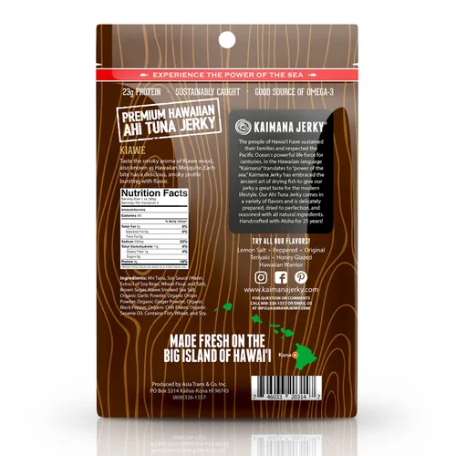 Miniatura 2 de Kaimana Ahi Atún Jerky Kiawe Sal marina ahumada – Suave y sabrosa – Cecina de pescado premium fabricada en los Estados Unidos Alta en Omega 3, 3 PCK