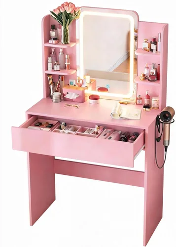 Miniatura 9 de Escritorio de tocador con espejo y luces, pequeño escritorio de maquillaje con cajón de almacenamiento, 3 moderadores de iluminación y brillo