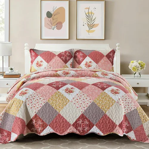 Miniatura 13 de Dinjoy Juego de edredón floral a cuadros de retazos tamaño California King, juego de ropa de cama reversible marrón de microfibra suave, colcha