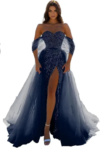 Vestidos de fiesta de lentejuelas con purpurina 2025 con abertura de sirena de tul de noche brillante elástico vestido formal con cola no