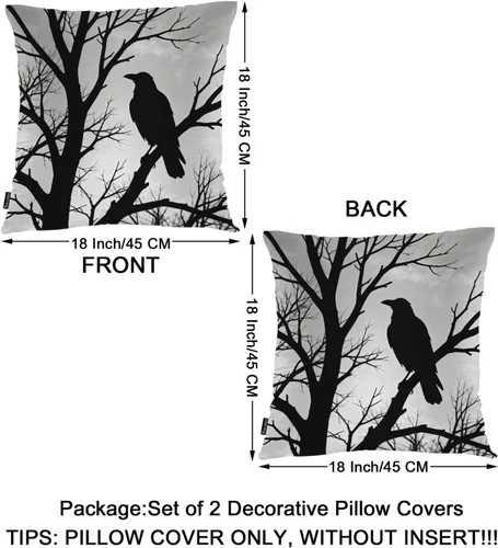 Miniatura 6 de Swono Raven - Juego de 2 fundas de almohada cuadradas de 18 x 18 pulgadas, diseño de pájaro salvaje, cuervos negros en rama de árbol, para el hogar