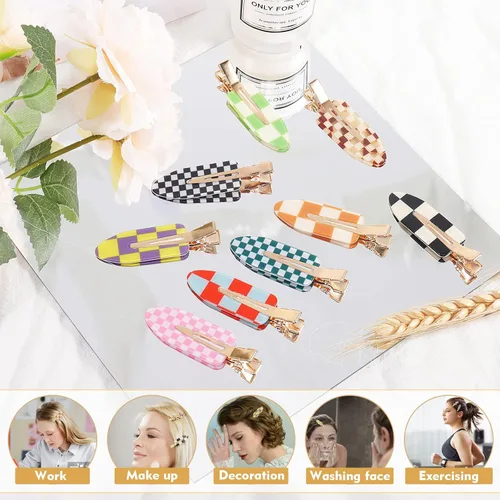 Miniatura 5 de 9 piezas de pinzas para el pelo sin dobleces, pinzas para rizos sin arrugas con diseño de cuadros, resina acrílica plana para peinado, barrette
