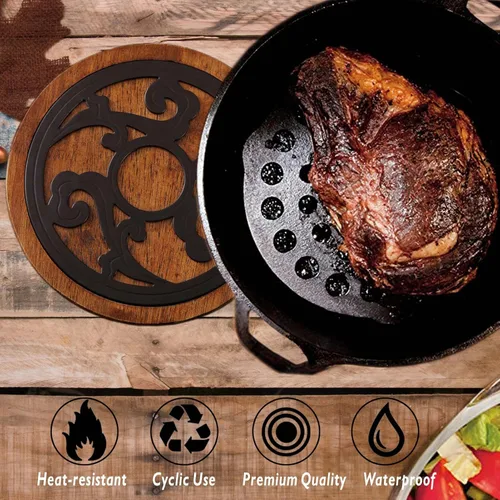 Miniatura 2 de Juego de salvamanteles de hierro fundido con madera de 2 piezas, salvamanteles de madera para platos calientes, almohadillas calientes de cocina