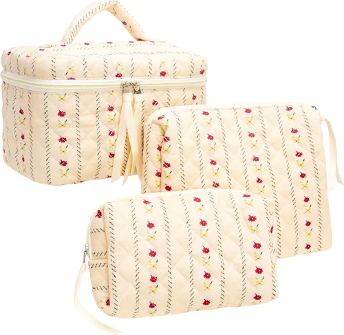 Miniatura 31 de PAZIMIIK - Bolsa de maquillaje de algodón para mujer, grande, acolchada para viaje, Rosa (Bow Pink), Vintage