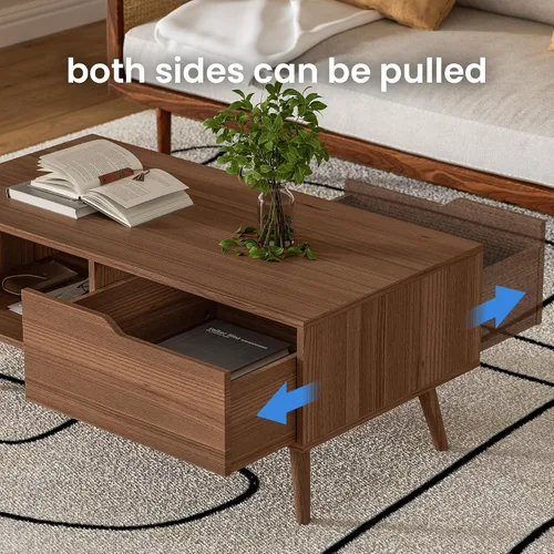 Miniatura 5 de DIYART Mesa de centro marrón, mesa de centro moderna de mediados de siglo con cajón y estante, mesa consola simple de madera de 39 pulgadas