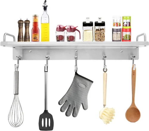 Audmore Estante para utensilios de cocina, estante de especias con ganchos para montaje en pared, estante sobre la estufa, acero inoxidable, estante