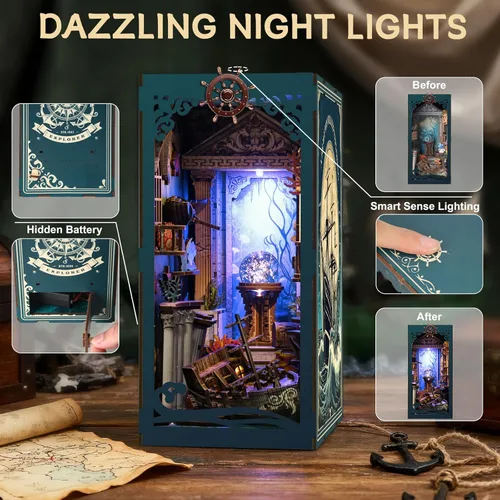 Miniatura 3 de Kits de rincón de libro para adultos, rompecabezas 3D misterioso del océano con LED, diorama de naufragio pirata y decoración de conchas marinas
