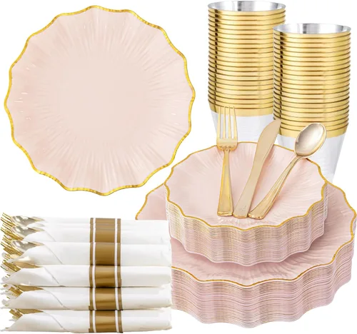 Miniatura 14 de U-QE 175 platos y servilletas de plástico dorado para fiestas, juego de vajilla transparente y dorado para 25 invitados, 25 platos llanos, 25 platos