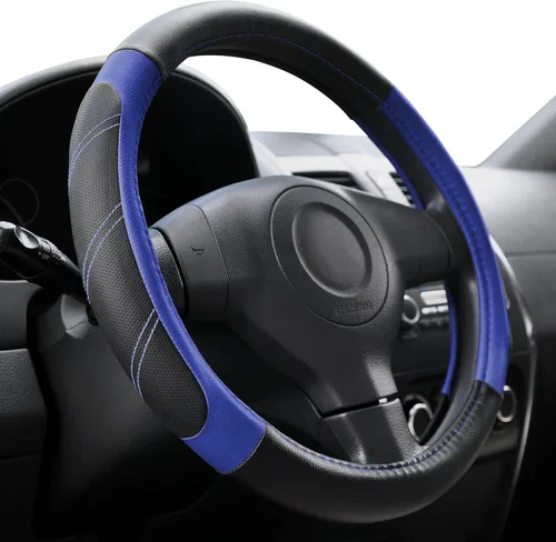 Miniatura 17 de Elantrip Funda de volante de cuero deportivo 14 1/2 pulgadas a 15 pulgadas universal, acolchada, de agarre suave y transpirable para coche, camión