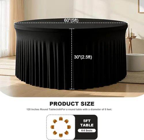 Miniatura 3 de Mantel redondo de 60 pulgadas en negro para mesas de 5 pies, funda de mesa ajustada de elastano con borde elástico y falda, lavable, sin arrugas