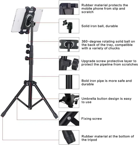 Miniatura 2 de Trípode para tableta para iPad Pro soporte de piso trípode para Surface Pro Samsung Tab S9+ soporte con control remoto giratorio de 360° ajustable