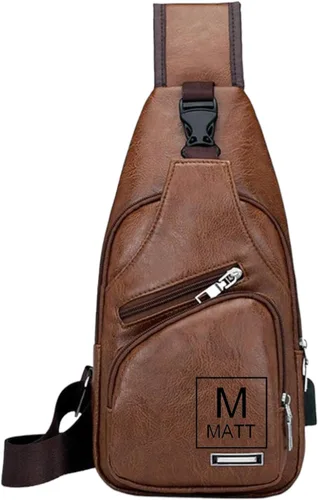 Bolso bandolera de cuero personalizado - Bolso cruzado para hombre - Bolso de pecho para hombre - Mochila bandolera con puerto de carga USB - Bolsa