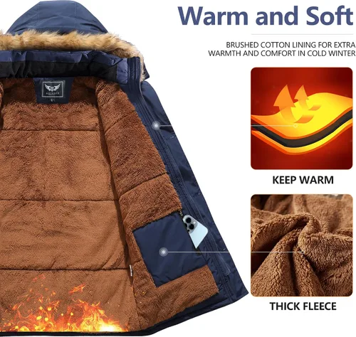 Miniatura 3 de JYG - Chaqueta de invierno gruesa para hombre, parka acolchada con capucha extraíble de piel sintética Azul