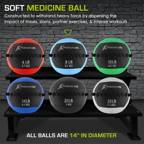 Miniatura 3 de ProsourceFit Bolas medicinales blandas, bolas de pared y ejercicios dinámicos de cuerpo completo, pesos codificados por colores: 6, 10, 14, 20 Lb.