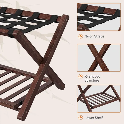 Miniatura 7 de HOOBRO Portaequipajes, soporte plegable para equipaje, soporte de maleta de bambú para habitación de invitados, con estante de soporte de correa
