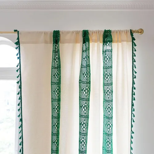 Miniatura 26 de Deeprove Cortinas bohemias para dormitorio, rayas huecas de ganchillo crema y estampado floral, tela de lino de algodón, con borlas beige bohemias