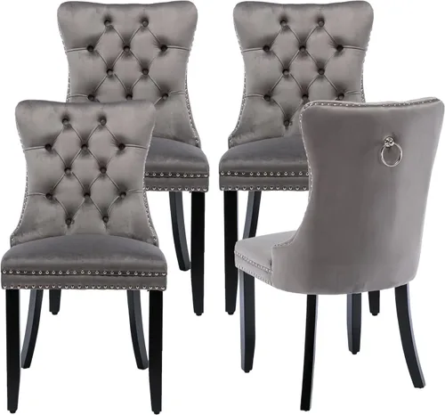Juego de 4 sillas de cocina modernas de terciopelo gris con anillo trasero, con patas de clavo, patas de madera maciza, tapizadas, sillas de mesa