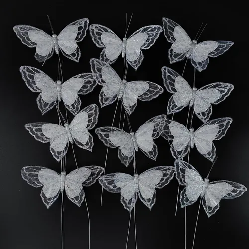Miniatura 10 de Berfutall - Juego de 12 mariposas de plumas para decoración de mariposas, blancas en alambre. Decoración del hogar de primavera para fiestas, fotos