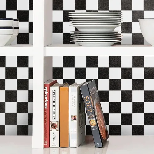 Miniatura 9 de Papel tapiz de tablero de ajedrez para despegar y pegar, papel de pared blanco y negro de 17.3 x 160 pulgadas, papel de contacto de mosaico