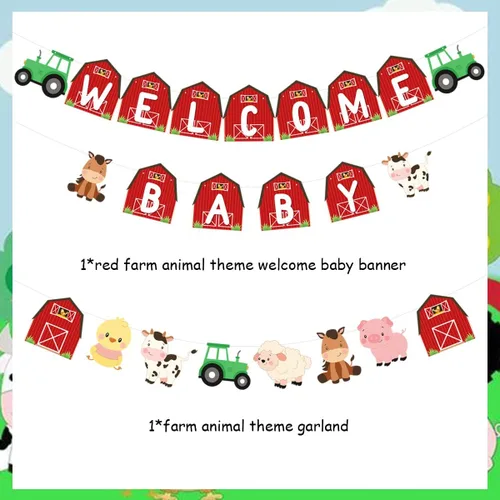 Miniatura 5 de Decoración de baby shower de animales de granja, pancarta roja para niñas, guirnalda de baby shower con temática de animales de granja, pancarta