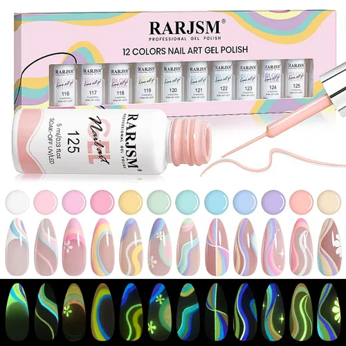 RARJSM Revestimiento de gel para arte de uñas que brilla en la oscuridad, 12 colores pastel suaves, verde neón, azul, morado, rosa, pintura