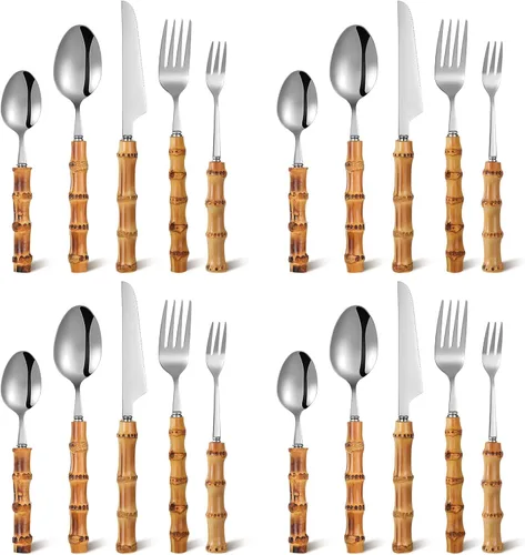 Miniatura 7 de Eboot Juego de cubiertos de bambú 18/8 de acero inoxidable, juego de vajilla natural, juego de utensilios de cocina, cubiertos con mango de bambú