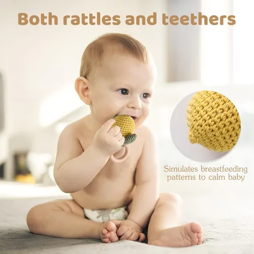 Miniatura 3 de WOODEN TEETHER Sonajero de bebé de ganchillo, juguetes de bebé de ganchillo, juguetes de madera orgánica para recién nacidos, juguetes de sonajero