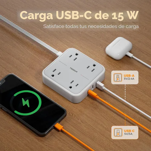 Miniatura 4 de TESSAN Cable de extensión plano con protector de sobretensiones de 5 pies, regleta de alimentación de enchufe plano con 4 tomas, 3 puertos USB