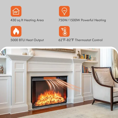 Miniatura 5 de Tangkula Chimenea eléctrica empotrada, chimenea de 26 pulgadas con brillo de llama ajustable, pantalla LED y control remoto con temporizador