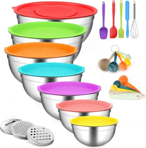 JUJOJB Juego de tazones para mezclar con tapas, juego de cuencos de acero inoxidable con 3 ralladores, cuencos de metal para cocina, hornear,