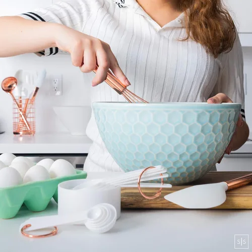 Miniatura 8 de Juego de utensilios de cocina de silicona y cobre blanco con soporte - 17 piezas de elegantes herramientas de cocina en color oro rosa para Blanco