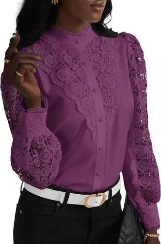 Miniatura 8 de Rooscier Blusa Elegante de Encaje de Crochet con Cuello Alto Simulado de Manga Larga con Botones para Mujer Top