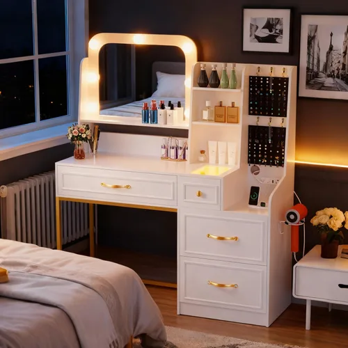 Wildhome Mesa de Tocador con Espejo y Luces, Escritorio de Maquillaje con Tapa de Cristal y Estación de Carga, Mesa de Tocador con Almacenamiento y