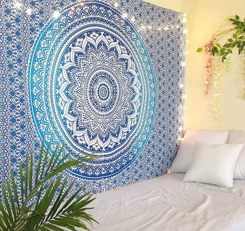 RAJRANG - Tapiz con mandala para dormitorio y sala de estar, bohemio, para colgar en la pared, tapices de algodón (azul, degradado, 84 x 54