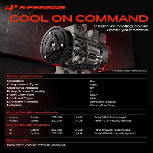 Miniatura 2 de A-Premium Compresor de aire acondicionado CA con embrague compatible con Hyundai Sonata 2.0L 2.4L 2012-2014, Kia Optima 2.0L 2.4L 2012-2018
