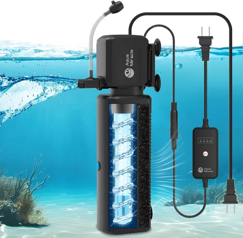 Miniatura 11 de AquaMiracle Filtro de acuario con luz U - V y esponja de filtro, filtro de tanque de peces con temporizador para agua verde, filtro de tortuga
