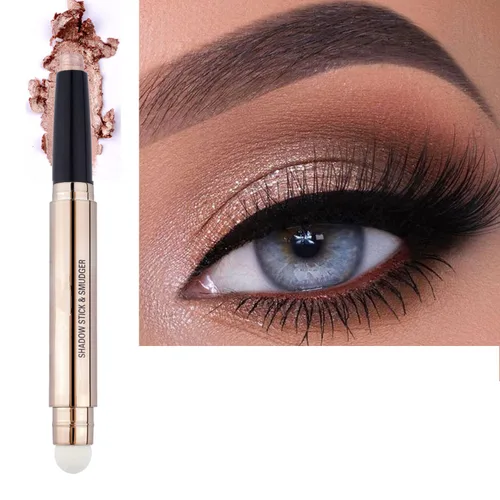 Miniatura 15 de Barra de sombra de ojos marrón y brocha de maquillaje con esponja, lápiz de sombra de ojos cremoso y brillante de larga duración, resistente al
