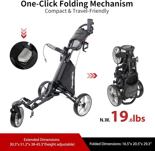 Miniatura 7 de Caddytek CaddyLite ONE-Swivel V8 - Carrito de golf plegable de 3 ruedas con un clic, ligero, con una rueda delantera giratoria de 360°, mango Gris