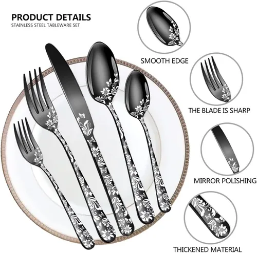 Miniatura 4 de Juego de cubiertos para 12 cubiertos, 60 piezas, diseño único de patrón de flores, utensilios de cocina de acero inoxidable, juego de cubiertos Oro