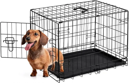 Miniatura 11 de Sweetcrispy Jaula para perros de 48 pulgadas, jaulas medianas y grandes de doble puerta plegable de alambre de metal con bandeja de plástico a