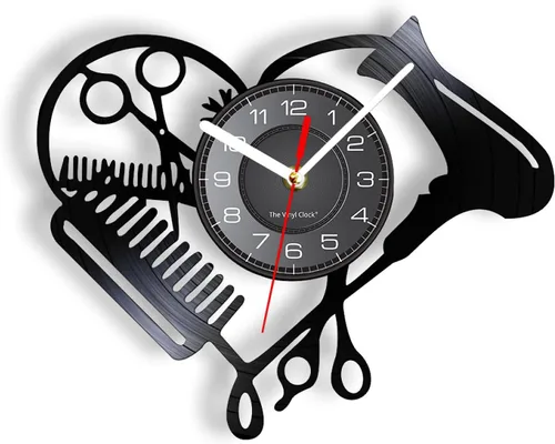 Reloj de pared de 12 pulgadas, herramientas para peluquería, disco de vinilo, reloj de pared, peluquería, peluquería, secador, tijera, peine, diseño