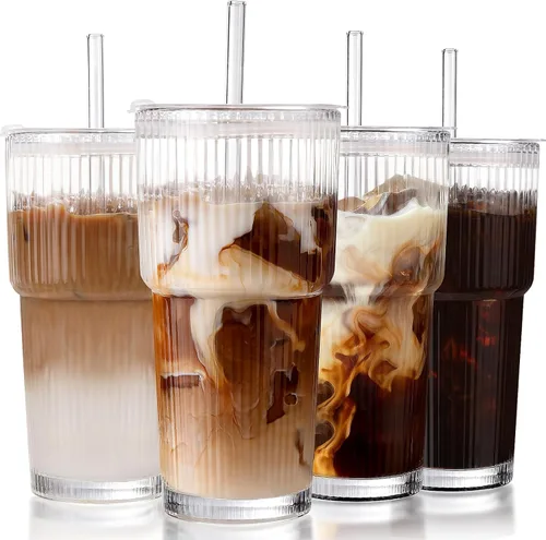 Tazas de café helado con tapas: accesorios de barra de café, vaso de vidrio acanalado con popote y tapa, 4 unidades, vaso a prueba de fugas de 20