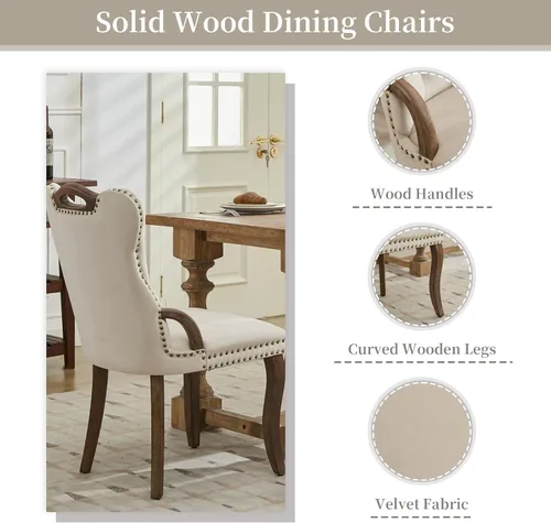 Miniatura 5 de Shenyon Juego de 4 sillas de comedor de terciopelo beige, sillas tapizadas modernas para comedor con respaldo capitoné y acentos de madera, patas