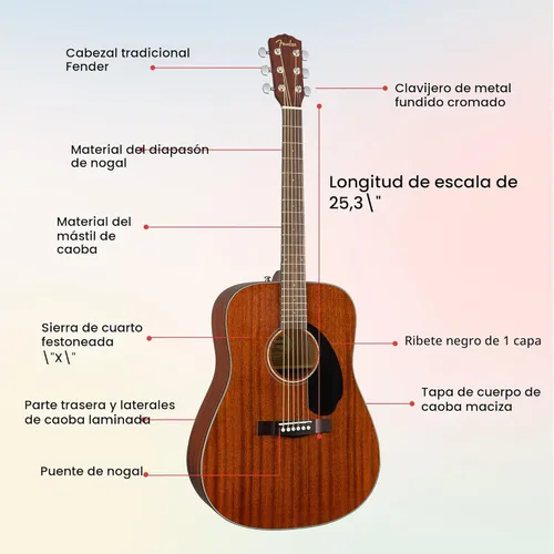 Miniatura 8 de Fender CD-60S Guitarra Acústica Dreadnought de Tapa Sólida - Todo Caoba, Paquete con Funda Gig Bag, Afinador, Correa, Cuerdas, Púas y DVD