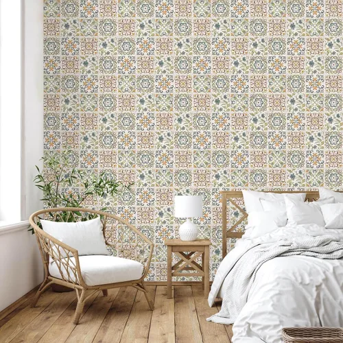 Miniatura 3 de Wudnaye Papel tapiz bohemio para despegar y pegar, papel de contacto de azulejos de imitación de 17 x 118 pulgadas, patrón de azulejos, extraíble